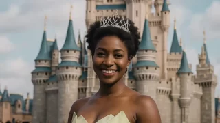 シンデレラ城の前に立つ黒人のプリンセス