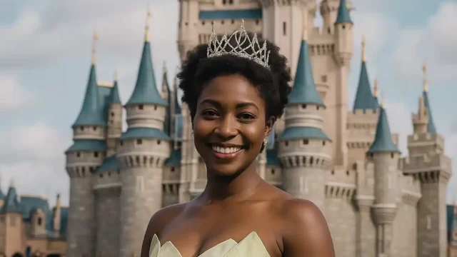 シンデレラ城の前に立つ黒人のプリンセス